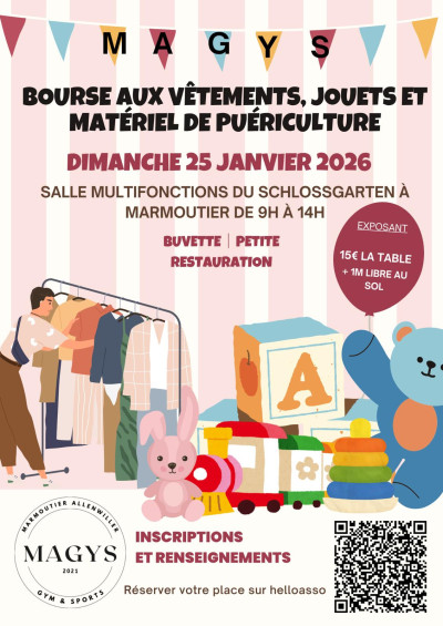 Dimanche 25 janvier 2026 Bourse aux vêtements, jouets et matériel de puériculture à Marmoutier