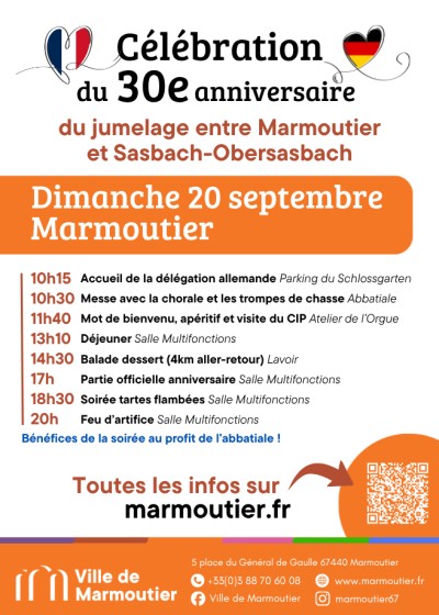 Dimanche 20 septembre 2026 30 ans du jumelage entre Marmoutier et Sasbach-Obersasbach à Marmoutier