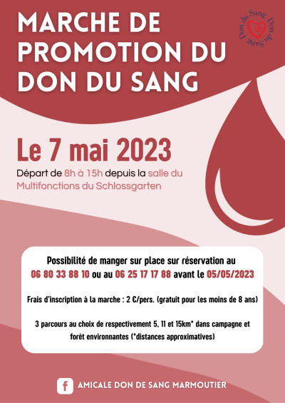 Dimanche 07 mai 2023 Marche Populaire : promotion du don du sang à Marmoutier