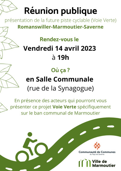 Vendredi 14 avril 2023 Réunion Publique : présentation de la future piste cyclable (Voie Verte) à Marmoutier