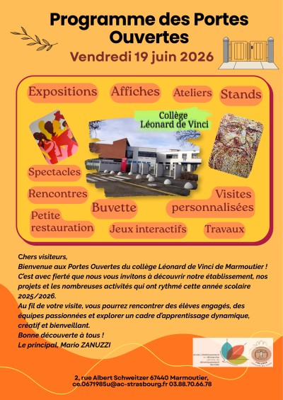 Vendredi 19 juin 2026 Portes ouvertes : Collège Léonard de Vinci à Marmoutier