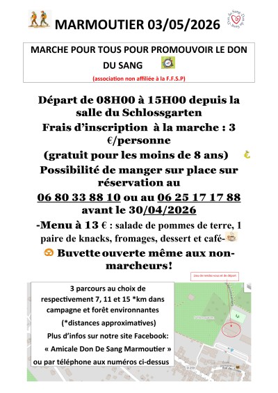 Dimanche 03 mai 2026 Marche pour tous pour promouvoir le don du sang à Marmoutier