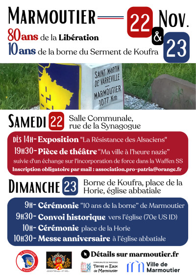 Samedi 22 novembre 2025 Commémorations : 80 ans de la libération et 10 ans de la borne du Serment de Koufra à Marmoutier
