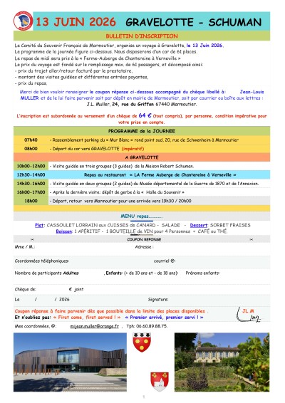 Samedi 13 juin 2026 Sortie à Gravelotte : Maison Robet Schuman + Musée départemental de la Guerre de 1870 et de l'Annexion à Marmoutier