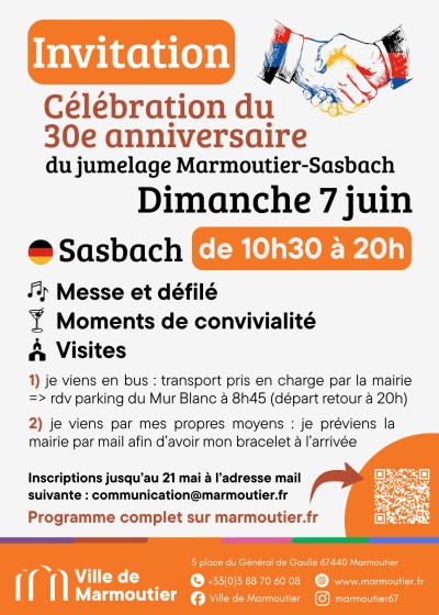 Dimanche 07 juin 2026 30e anniversaire du jumelage avec Sasbach à Marmoutier