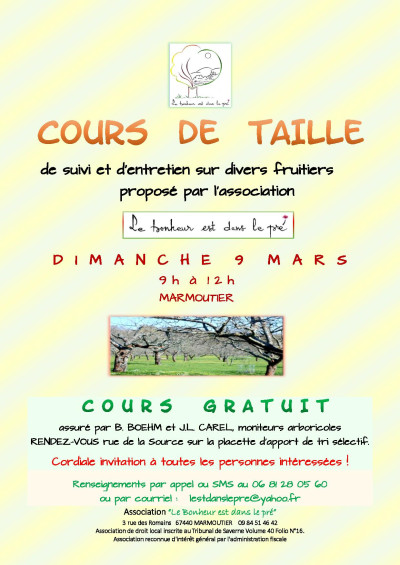 Dimanche 09 mars 2025 Cours de taille d'arbres fruitiers à Marmoutier