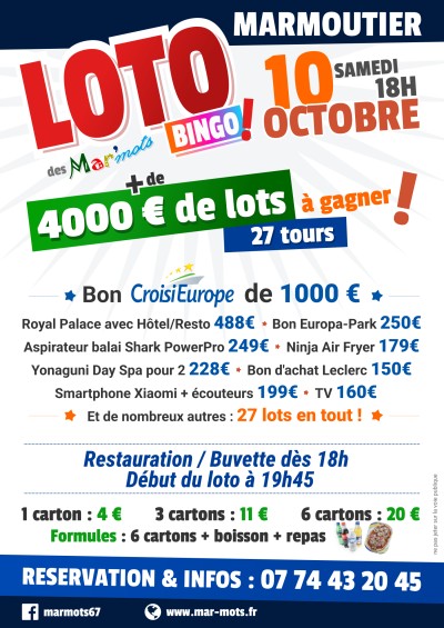 Samedi 10 octobre 2026 Loto-Bingo des Mar'mots à Marmoutier