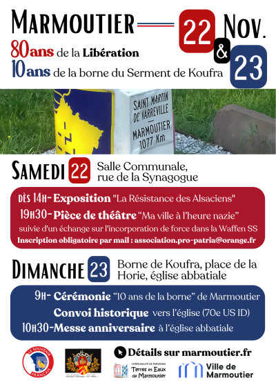 Samedi 22 novembre 2025 Commémorations : 80 ans de la libération et 10 ans de la borne du Serment de Koufra à Marmoutier
