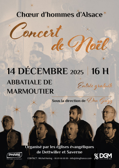 Dimanche 14 décembre 2025 Concert de Noël du Chœur d’Hommes d’Alsace à Marmoutier