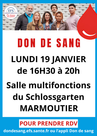 Lundi 19 janvier 2026 Don du sang à Marmoutier à Marmoutier
