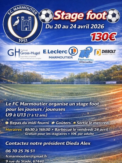Lundi 20 avril 2026 Stage foot pour les joueurs/joueuses de U9 à U13 (7 à 12ans) à Marmoutier
